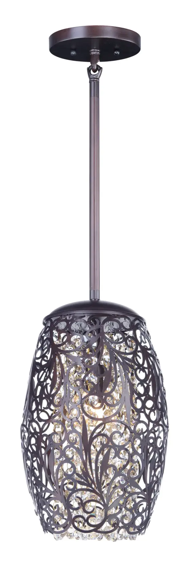 The Arabesque collection's intricate patterns are formed in metal and finished in Golden Silver. Strands of crystal beads add sparkle as they shimmer through the Xenon lamps. Unique oval-shaped pendants add a touch of class to any room. Collection: Arabesque Finish: Oil Rubbed Bronze Glass: Cognac Width: 6.50" Height: 11.00" Length: 6.50" Weight: 3.04 lb Wire: 72" Canopy: 6"x6"x0.75" Bulbs Included Number of Bulbs: 1 Maximum Wattage: 40.00 W Bulb Type: G9 Bulb Base: G9 Light Source: LED Light Output: 750.00 lm Color Temperature: 2900 K Dimmable Rated Average Life: 2000 Voltage: 120.00 V Material: Steel, Crystal Safety Listing: cETLus Safety Rating: Dry LED Manufacturer Warranty: 1 Spec Sheet Instructions Parts Diagram