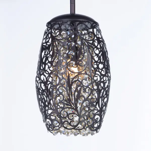 The Arabesque collection's intricate patterns are formed in metal and finished in Golden Silver. Strands of crystal beads add sparkle as they shimmer through the Xenon lamps. Unique oval-shaped pendants add a touch of class to any room. Collection: Arabesque Finish: Oil Rubbed Bronze Glass: Cognac Width: 6.50" Height: 11.00" Length: 6.50" Weight: 3.04 lb Wire: 72" Canopy: 6"x6"x0.75" Bulbs Included Number of Bulbs: 1 Maximum Wattage: 40.00 W Bulb Type: G9 Bulb Base: G9 Light Source: LED Light Output: 750.00 lm Color Temperature: 2900 K Dimmable Rated Average Life: 2000 Voltage: 120.00 V Material: Steel, Crystal Safety Listing: cETLus Safety Rating: Dry LED Manufacturer Warranty: 1 Spec Sheet Instructions Parts Diagram - alternate view