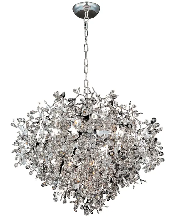The Comet collection's Polished Chrome and thousands of Beveled Glass Crystals creates countless reflective surfaces that delicately and boldly illuminate with its xenon light source. Collection: Comet Finish: Polished Chrome Glass: Beveled Crystal Width: 33.00" Height: 26.00" Length: 33.00" Weight: 30.80 lb Chain: 36" Wire: 180" Canopy: 5"x5"x1" Bulbs Included Number of Bulbs: 13 Maximum Wattage: 3.00 W Bulb Type: G-9 Bulb Base: G9 Light Source: LED Light Output: 6500.00 lm Color Temperature: 3000 K Dimmable Rated Average Life: 2000 Voltage: 120.00 V Material: Stainless Steel, Crystal Safety Listing: cETLus Safety Rating: Dry LED Manufacturer Warranty: 1 Spec Sheet Instructions Parts Diagram