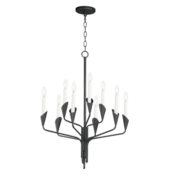 An arrangement that features Black tubing bouqueted at a point with biotic bobeches that contain elongated white candle covers. The organic form of this collection brings visual interest to the collector that is constructed of irregular stem lengths. The tailored composition of the look with its formal black and white finishes is elevated by its reference to nature. Added designer detail perfectly suited for any interior space. An accompanying ADA compliant wall sconce presents a unique option for corridor applications.