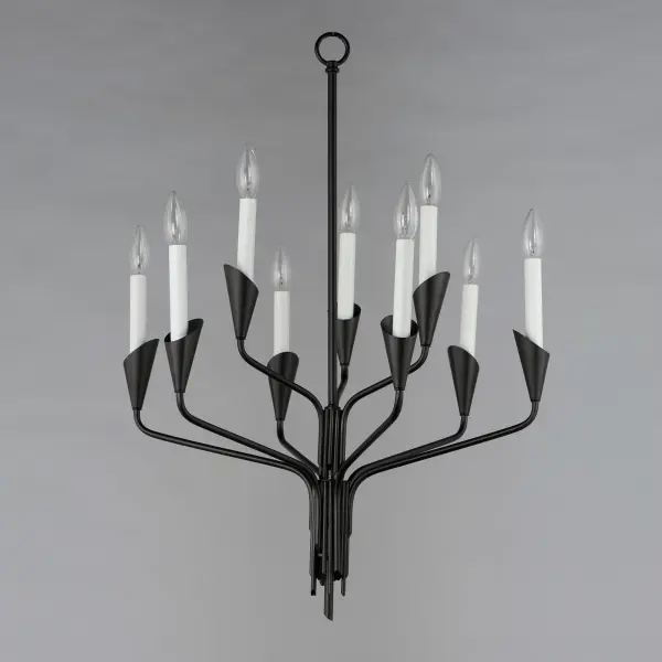 An arrangement that features Black tubing bouqueted at a point with biotic bobeches that contain elongated white candle covers. The organic form of this collection brings visual interest to the collector that is constructed of irregular stem lengths. The tailored composition of the look with its formal black and white finishes is elevated by its reference to nature. Added designer detail perfectly suited for any interior space. An accompanying ADA compliant wall sconce presents a unique option for corridor applications. - alternate view