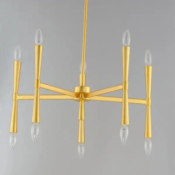 Civic styling using straight rectilinear channels radiating from a central connector. The light sources flare out both up and down with tapered candle covers creating a form evocative of a classic torch. Available in matte Black, Satin Brass, and Satin Nickel, this is a transitional look suited to a variety of architectural stylings. - alternate view