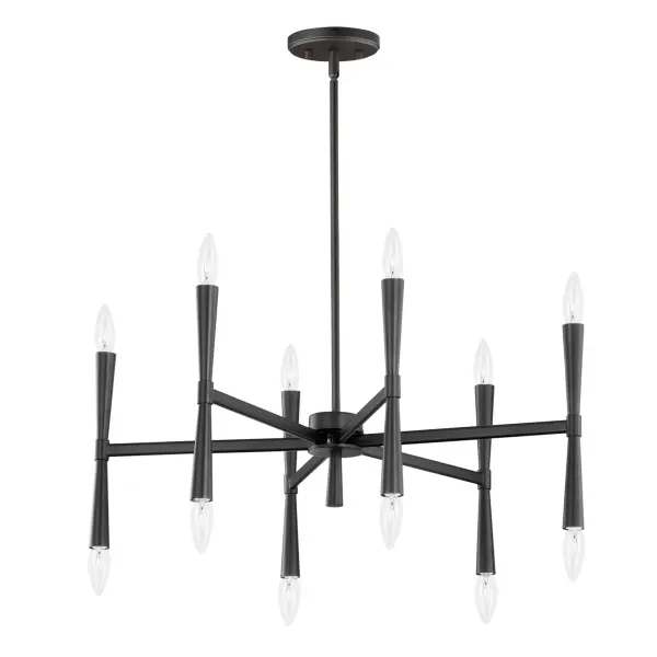 Civic styling using straight rectilinear channels radiating from a central connector. The light sources flare out both up and down with tapered candle covers creating a form evocative of a classic torch. Available in matte Black, Satin Brass, and Satin Nickel, this is a transitional look suited to a variety of architectural stylings.