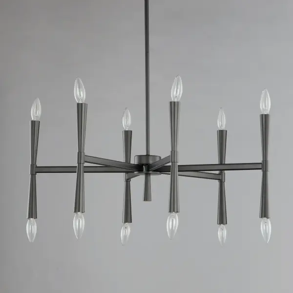 Civic styling using straight rectilinear channels radiating from a central connector. The light sources flare out both up and down with tapered candle covers creating a form evocative of a classic torch. Available in matte Black, Satin Brass, and Satin Nickel, this is a transitional look suited to a variety of architectural stylings. - alternate view