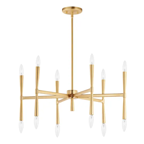 Civic styling using straight rectilinear channels radiating from a central connector. The light sources flare out both up and down with tapered candle covers creating a form evocative of a classic torch. Available in matte Black, Satin Brass, and Satin Nickel, this is a transitional look suited to a variety of architectural stylings. Collection: Rome Finish: Satin Brass Width: 29.25" Height: 11.75" Length: 29.25" Weight: 14.11 lb Wire: 120" Canopy: 5"x5"x0.75" Number of Bulbs: 12 Maximum Wattage: 40.00 W Bulb Type: B11 T6 G16.15 Bulb Base: E12 Candelabra Light Source: Incandescent Dimmable Material: Steel Safety Listing: cULus Safety Rating: Dry Manufacturer Warranty: 1 Spec Sheet Instructions