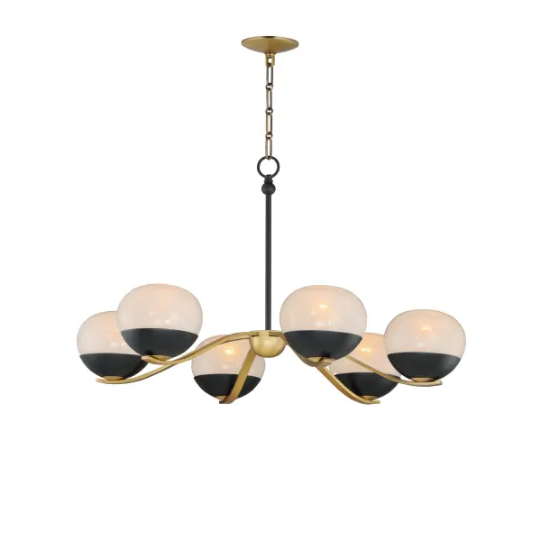Notably stylish and unique, the Lucerne collection features oblong glossy glass globes with a swirling Marble pattern that exudes sophistication. The distinctive rectangular arms gracefully curve downward, seamlessly blending robust metal fabrication with precision and fluid elegance. Contrasting Black and Natural Aged Brass finishes accentuate the bobeches, adding depth and visual intrigue. Offering versatile installation options, the chandelier can be suspended by a sleek stem or the chain included for various height adjustment.