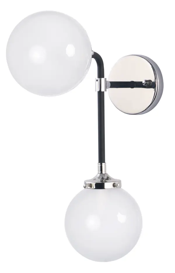 A Mid-Century Modern industrial classic revived featuring softly bent arms finished in Black with Polished Nickel accents that terminate at round White opal glass balls. Collection: Atom Finish: Black / Polished Nickel Glass: White Width: 6.00" Height: 18.25" Weight: 2.75 lb Extension from Wall: 14.75" Number of Bulbs: 2 Maximum Wattage: 40.00 W Bulb Type: B10 Bulb Base: E12 Candelabra Light Source: Incandescent Dimmable Voltage: 120.00 V Material: Steel, Glass Safety Listing: cULus Safety Rating: Dry Manufacturer Warranty: 1 Spec Sheet Instructions Parts Diagram