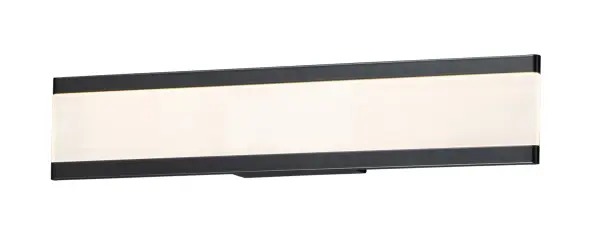 Dual Black aluminum channels support a Frost acrylic diffuser that projects light into the room when illuminated. Available in 4 lengths, this collection can be installed horizontal above the mirror or vertical on each side. Collection: Visor Finish: Black Glass: Frosted Width: 24.00" Height: 4.75" Weight: 4.40 lb Extension from Wall: 0.50" Wire: 10" Canopy: 4.75"x6" Bulbs Included Number of Bulbs: 2 Maximum Wattage: 25.00 W Bulb Type: PCB Bulb Base: PCB Integrated Light Source: LED Light Output: 1125.00 lm Color Temperature: 3000 K CRI: 90 Rated Average Life: 50000 Voltage: 120.00 V Material: Aluminum, Acrylic, Steel Safety Listing: cETLus Safety Rating: Damp ADA LED Manufacturer Warranty: 2 Spec Sheet Instructions Parts Diagram