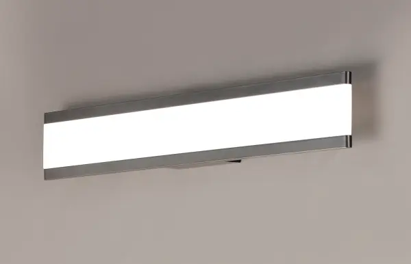 Dual Black aluminum channels support a Frost acrylic diffuser that projects light into the room when illuminated. Available in 4 lengths, this collection can be installed horizontal above the mirror or vertical on each side. - alternate view