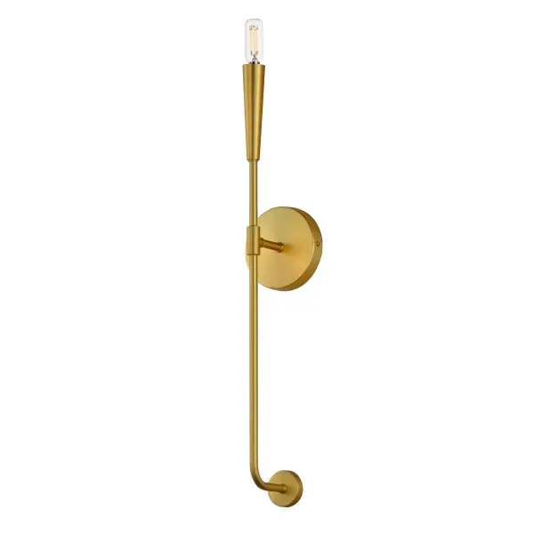 A simple candle style chandelier is given a modern edge with tall tapered candle covers that sit at the ends of curved arms without a bobeche beneath them. Available in Satin Brass or Matte Black, the collection compliments many architectural interiors and allows for creative styling through the selection of lamp type. Pair with our T6 lamp for more modern, industrial flair or classic candelabra for a clean, transitional look. This series provides a convenient new take on the candle chandelier with subtle and unique design details. Collection: Vela Finish: Satin Brass Width: 5.00" Height: 24.00" Weight: 1.15 lb Extension from Wall: 3.75" Canopy: 5"x5" Number of Bulbs: 1 Maximum Wattage: 60.00 W Bulb Type: B10 - T6 - G16.5 Bulb Base: E12 Candelabra Light Source: Incandescent Voltage: 120.00 V Material: Steel Safety Rating: Damp ADA Spec Sheet Instructions