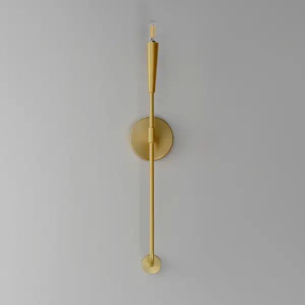 A simple candle style chandelier is given a modern edge with tall tapered candle covers that sit at the ends of curved arms without a bobeche beneath them. Available in Satin Brass or Matte Black, the collection compliments many architectural interiors and allows for creative styling through the selection of lamp type. Pair with our T6 lamp for more modern, industrial flair or classic candelabra for a clean, transitional look. This series provides a convenient new take on the candle chandelier with subtle and unique design details. Collection: Vela Finish: Satin Brass Width: 5.00" Height: 24.00" Weight: 1.15 lb Extension from Wall: 3.75" Canopy: 5"x5" Number of Bulbs: 1 Maximum Wattage: 60.00 W Bulb Type: B10 - T6 - G16.5 Bulb Base: E12 Candelabra Light Source: Incandescent Voltage: 120.00 V Material: Steel Safety Rating: Damp ADA Spec Sheet Instructions - alternate view