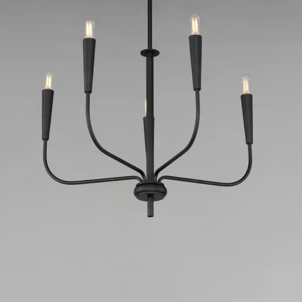 A simple candle style chandelier is given a modern edge with tall tapered candle covers that sit at the ends of curved arms without a bobeche beneath them. Available in Satin Brass or Matte Black, the collection compliments many architectural interiors and allows for creative styling through the selection of lamp type. Pair with our T6 lamp for more modern, industrial flair or classic candelabra for a clean, transitional look. This series provides a convenient new take on the candle chandelier with subtle and unique design details. - alternate view