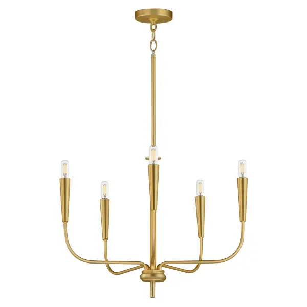 A simple candle style chandelier is given a modern edge with tall tapered candle covers that sit at the ends of curved arms without a bobeche beneath them. Available in Satin Brass or Matte Black, the collection compliments many architectural interiors and allows for creative styling through the selection of lamp type. Pair with our T6 lamp for more modern, industrial flair or classic candelabra for a clean, transitional look. This series provides a convenient new take on the candle chandelier with subtle and unique design details. Collection: Vela Finish: Satin Brass Width: 24.00" Height: 18.25" Length: 24.00" Weight: 4.02 lb Wire: 120" Canopy: 4.75"x4.75"x0.75" Number of Bulbs: 5 Maximum Wattage: 60.00 W Bulb Type: B10 - T6 - G16.5 Bulb Base: E12 Candelabra Light Source: Incandescent Voltage: 120.00 V Material: Steel Safety Rating: Dry Spec Sheet Instructions