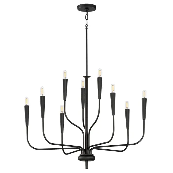 A simple candle style chandelier is given a modern edge with tall tapered candle covers that sit at the ends of curved arms without a bobeche beneath them. Available in Satin Brass or Matte Black, the collection compliments many architectural interiors and allows for creative styling through the selection of lamp type. Pair with our T6 lamp for more modern, industrial flair or classic candelabra for a clean, transitional look. This series provides a convenient new take on the candle chandelier with subtle and unique design details.