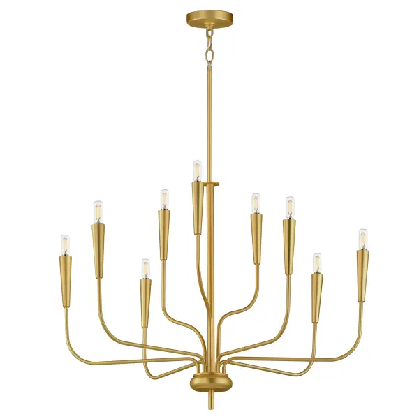 A simple candle style chandelier is given a modern edge with tall tapered candle covers that sit at the ends of curved arms without a bobeche beneath them. Available in Satin Brass or Matte Black, the collection compliments many architectural interiors and allows for creative styling through the selection of lamp type. Pair with our T6 lamp for more modern, industrial flair or classic candelabra for a clean, transitional look. This series provides a convenient new take on the candle chandelier with subtle and unique design details. Collection: Vela Finish: Satin Brass Width: 32.00" Height: 24.00" Length: 32.00" Weight: 6.65 lb Wire: 120" Canopy: 4.75"x4.75"x0.75" Number of Bulbs: 9 Maximum Wattage: 60.00 W Bulb Type: B10 - T6 - G16.5 Bulb Base: E12 Candelabra Light Source: Incandescent Voltage: 120.00 V Material: Steel Safety Rating: Dry Spec Sheet Instructions