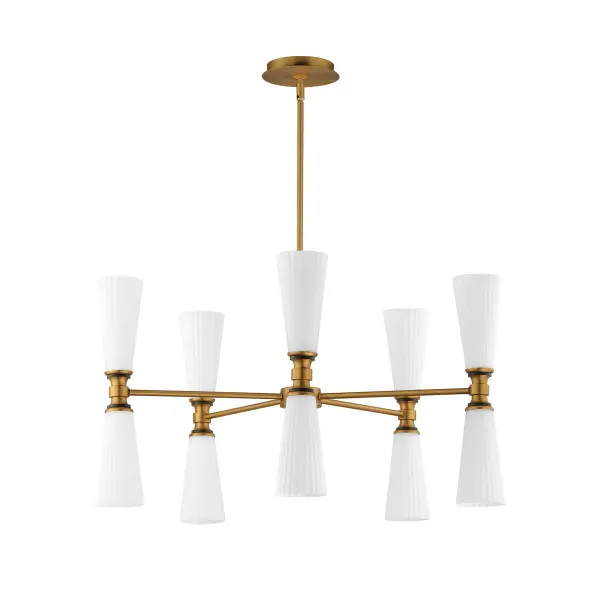 Fluted Satin White glass flares outward from an intricate and thin arm. The contrasting Natural Aged Brass and Matte Black finish adds character to the simple and stately fixtures that easily transition from modern and more traditional spaces.