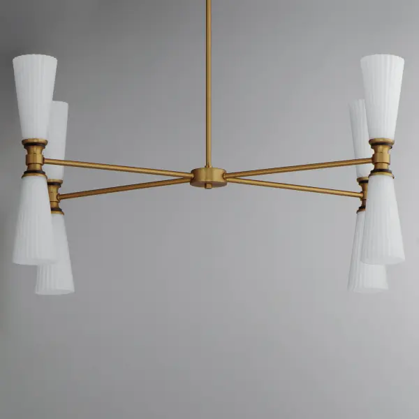Fluted Satin White glass flares outward from an intricate and thin arm. The contrasting Natural Aged Brass and Matte Black finish adds character to the simple and stately fixtures that easily transition from modern and more traditional spaces. - alternate view