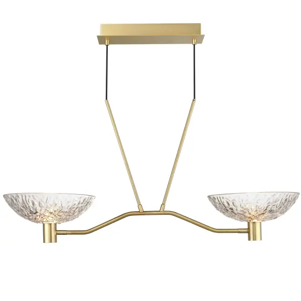 A modern take on the classic torchiere, the bright Satin Brass frames support thick textured glass cauldrons illuminated with dedicated LED modules. The 2-Light pendant and swing arm pin-up sconce feature rotatable shades directing the light either upward or cast directionally downward. The deep pattern in the glass sparks curiosity and fascination with its organic and abstract surface. It creates interest in the LED light source behind it while casting even light through the artistic vessels' design. Available in various configurations of pendants and sconces, the collection celebrates classic design concepts in an understated contemporary glamor that results in a composition suited to transitional and contemporary aesthetics. Make a statement with the oversized with the 3-light sconce nearly five foot in height or use the multiple functional pieces for reading our over an island.