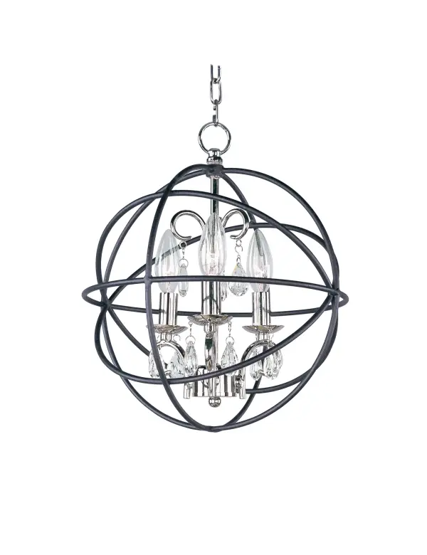 A spherical frame of metal surround a simple line chandelier draped in crystal for a transitional style that fits any interior design.  Orbit is available in 2 sizes and 2 finishes, Oil Rubbed Bronze with Cognac crystal and a combo finish of Anthracite and Polished Nickel with Clear crystal.