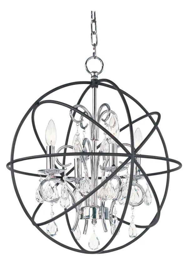 A spherical frame of metal surround a simple line chandelier draped in crystal for a transitional style that fits any interior design.  Orbit is available in 2 sizes and 2 finishes, Oil Rubbed Bronze with Cognac crystal and a combo finish of Anthracite and Polished Nickel with Clear crystal.