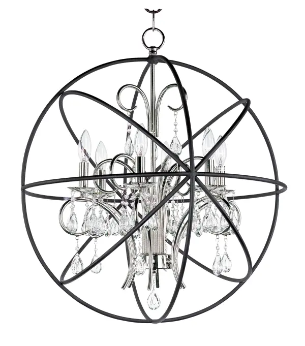A spherical frame of metal surround a simple line chandelier draped in crystal for a transitional style that fits any interior design.  Orbit is available in 2 sizes and 2 finishes, Oil Rubbed Bronze with Cognac crystal and a combo finish of Anthracite and Polished Nickel with Clear crystal.
