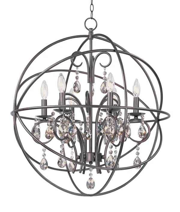 A spherical frame of metal surround a simple line chandelier draped in crystal for a transitional style that fits any interior design. Orbit is available in 2 sizes and 2 finishes, Oil Rubbed Bronze with Cognac crystal and a combo finish of Anthracite and Polished Nickel with Clear crystal. Collection: Orbit Finish: Oil Rubbed Bronze Width: 25.00" Height: 28.00" Length: 25.00" Weight: 16.50 lb Chain: 36" Wire: 120" Canopy: 5"x5"x1" Number of Bulbs: 6 Maximum Wattage: 60.00 W Bulb Type: B10 Bulb Base: E12 Candelabra Light Source: Incandescent Dimmable Voltage: 120.00 V Material: Steel, Crystal Safety Listing: cULus Safety Rating: Dry Manufacturer Warranty: 1 Spec Sheet Instructions Parts Diagram