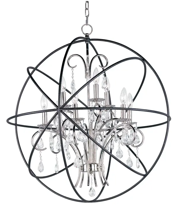A spherical frame of metal surround a simple line chandelier draped in crystal for a transitional style that fits any interior design.  Orbit is available in 2 sizes and 2 finishes, Oil Rubbed Bronze with Cognac crystal and a combo finish of Anthracite and Polished Nickel with Clear crystal.