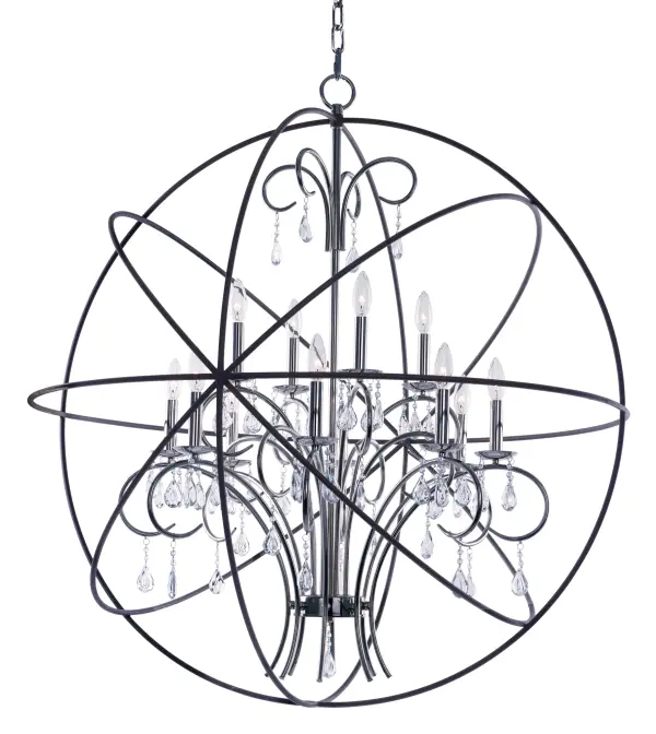 A spherical frame of metal surround a simple line chandelier draped in crystal for a transitional style that fits any interior design.  Orbit is available in 2 sizes and 2 finishes, Oil Rubbed Bronze with Cognac crystal and a combo finish of Anthracite and Polished Nickel with Clear crystal.