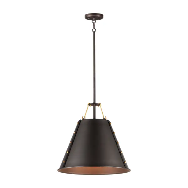 Elevate the industrial with meticulously crafted metal spun shades in Oil Rubbed Bronze with Antique Brass rivet details on matte black straps and brass hook suspension system. Light emits from both the top and bottom of the pendants as well as reveals spaced along the band on the flush mount. The large 3-Light pendant includes a frosted glass diffuser that conceals the light cluster within and evenly diffuses the light below.