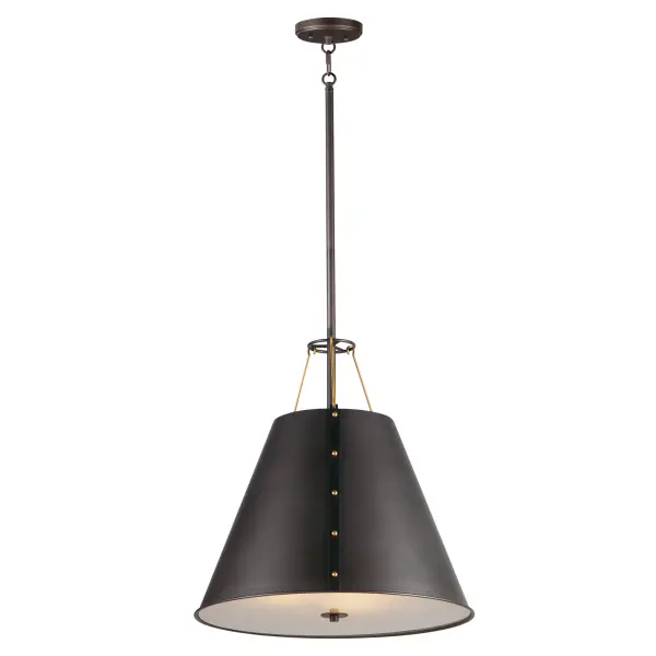 Elevate the industrial with meticulously crafted metal spun shades in Oil Rubbed Bronze with Antique Brass rivet details on matte black straps and brass hook suspension system. Light emits from both the top and bottom of the pendants as well as reveals spaced along the band on the flush mount. The large 3-Light pendant includes a frosted glass diffuser that conceals the light cluster within and evenly diffuses the light below.
