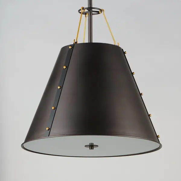 Elevate the industrial with meticulously crafted metal spun shades in Oil Rubbed Bronze with Antique Brass rivet details on matte black straps and brass hook suspension system. Light emits from both the top and bottom of the pendants as well as reveals spaced along the band on the flush mount. The large 3-Light pendant includes a frosted glass diffuser that conceals the light cluster within and evenly diffuses the light below. - alternate view