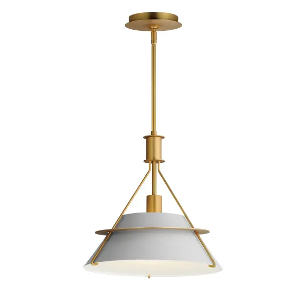 Metal shades of Light French Gray, Black or Matte White are suspended from halos of contrasting Natural Aged Brass finish. Maximizing the light output, the interior of the shades are painted white, and their tops are left open casting light both upwards and below. The collection is completed by a delightful pull-chain operated wall sconce that provides a practical light source ideal for a reading nook or bedside.