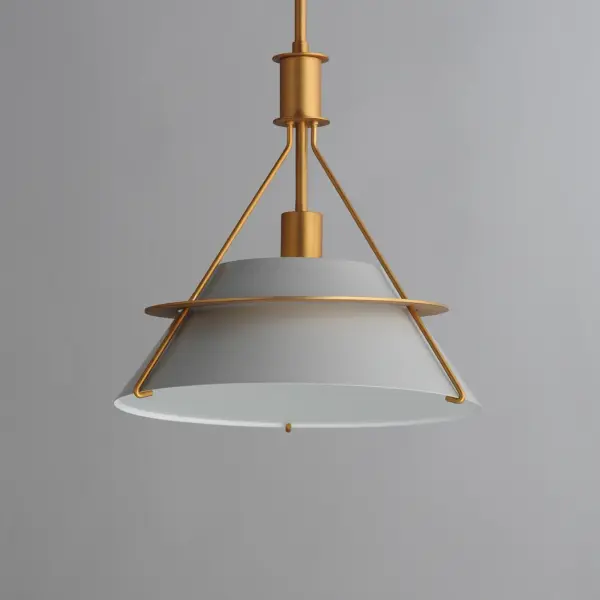 Metal shades of Light French Gray, Black or Matte White are suspended from halos of contrasting Natural Aged Brass finish. Maximizing the light output, the interior of the shades are painted white, and their tops are left open casting light both upwards and below. The collection is completed by a delightful pull-chain operated wall sconce that provides a practical light source ideal for a reading nook or bedside. - alternate view