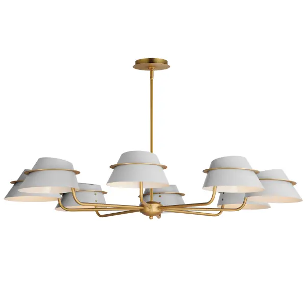 Metal shades of Light French Gray, Black or Matte White are suspended from halos of contrasting Natural Aged Brass finish. Maximizing the light output, the interior of the shades are painted white, and their tops are left open casting light both upwards and below. The collection is completed by a delightful pull-chain operated wall sconce that provides a practical light source ideal for a reading nook or bedside.