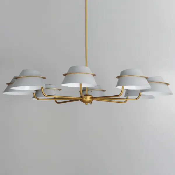 Metal shades of Light French Gray, Black or Matte White are suspended from halos of contrasting Natural Aged Brass finish. Maximizing the light output, the interior of the shades are painted white, and their tops are left open casting light both upwards and below. The collection is completed by a delightful pull-chain operated wall sconce that provides a practical light source ideal for a reading nook or bedside. - alternate view