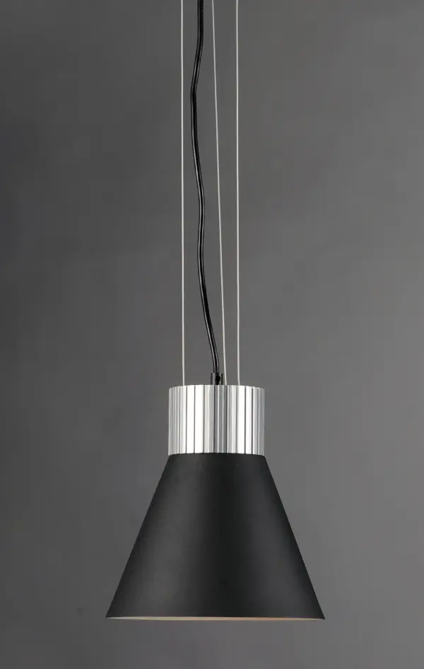A refined industrial collection of metal pendants finished in Black and topped with Satin Aluminum heat sinks. Suspended by triple cables adds to the authentic look with high power 12 Watt LED providing ample light directed to the surface below. - alternate view