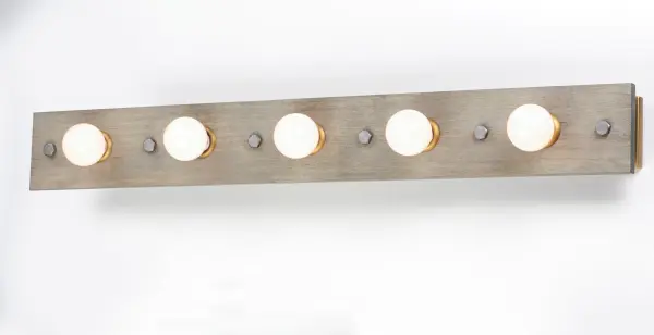 Planks of natural wood are distressed by hand and finished in Weathered Wood with Antique Brass accents, to create a rustic reclaimed look. Lacquered raw metal hex nuts provide an additional decorative element. The overall design can be changed by your choice of bulb which makes the collection very versatile. - alternate view