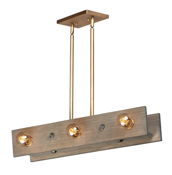 Planks of natural wood are distressed by hand and finished in Weathered Wood with Antique Brass accents, to create a rustic reclaimed look. Lacquered raw metal hex nuts provide an additional decorative element. The overall design can be changed by your choice of bulb which makes the collection very versatile.