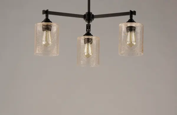 Stone Seeded glass shades with flecks of gold, suspend from a squared loop that cradles a rectangular tube arm finished in a soft Bronze. The minimalistic frame is a perfect complement to the rustic glamour of this glass. - alternate view