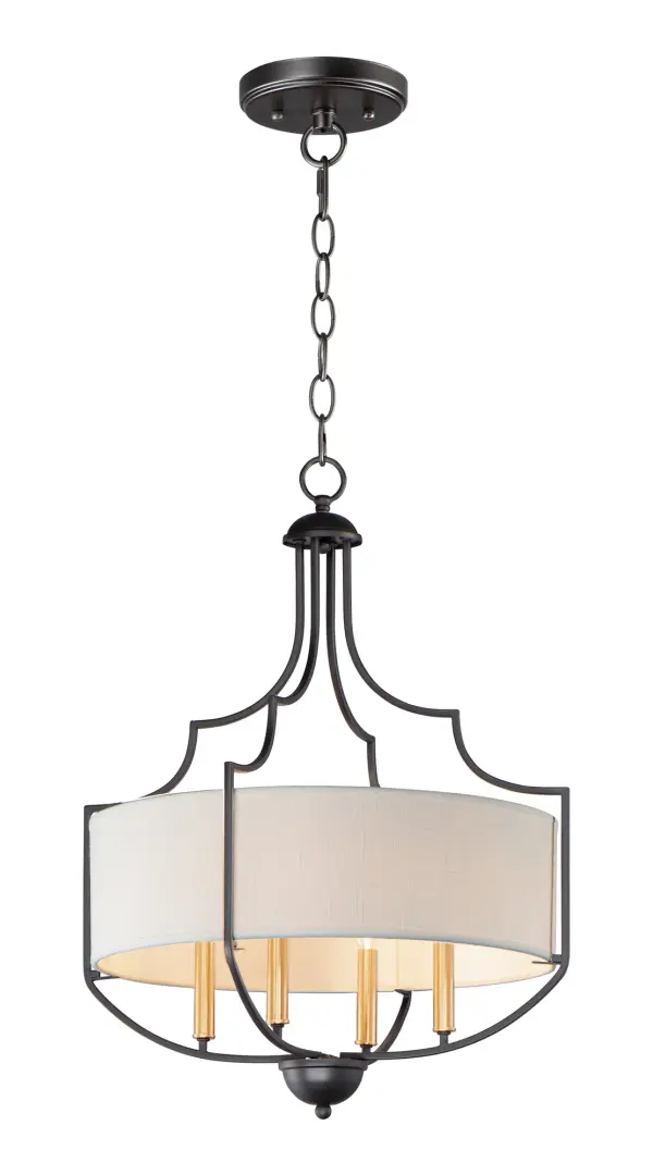 Drum shades of White Linen with an off-white liner are cradled in sculptural frames of Bronze with Antique Brass candle sleeves. The combination of finishes, textures, and materials provide a traditional look with depth and freshness.