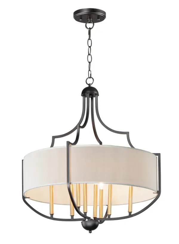 Drum shades of White Linen with an off-white liner are cradled in sculptural frames of Bronze with Antique Brass candle sleeves. The combination of finishes, textures, and materials provide a traditional look with depth and freshness.