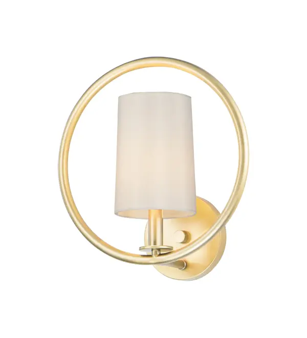Heavy gauge rings are painted in Natural Aged Brass for a traditional approach to contemporary design. Nested in the center of each ring is a tall profile Off White fabric shade which casts soft light into the room and projects ample light to the surface below. Collection: Meridian Finish: Natural Aged Brass Width: 12.50" Height: 13.00" Length: 6.75" Weight: 1.54 lb Extension from Wall: 6.75" Wire: 8" Canopy: 0.75"x5" Number of Bulbs: 1 Maximum Wattage: 60.00 W Bulb Type: B10 Bulb Base: E12 Candelabra Light Source: Incandescent Dimmable Voltage: 120.00 V Material: Steel, Fabric Safety Listing: cULus Safety Rating: Damp Manufacturer Warranty: 1 Spec Sheet Instructions Parts Diagram