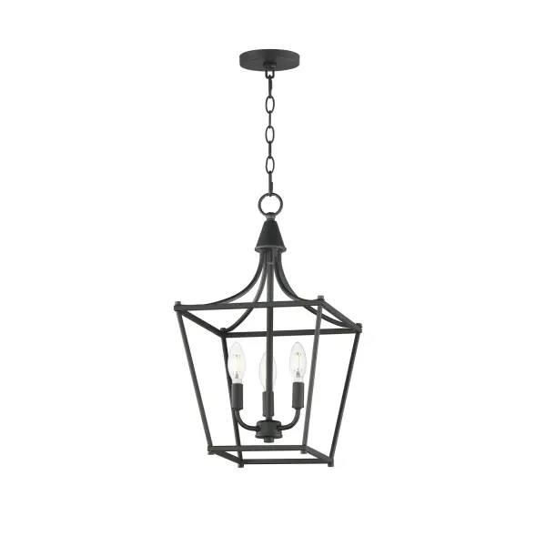 Collection: Clifton Finish: Black Width: 11.50" Height: 20.75" Length: 11.50" Weight: 4.62 lb Chain: 36" Wire: 120" Canopy: 5"x5"x0.75" Number of Bulbs: 3 Maximum Wattage: 60.00 W Bulb Base: E12 Candelabra Light Source: Incandescent Voltage: 120.00 V Material: Steel Safety Listing: cETLus Manufacturer Warranty: 3 Spec Sheet
