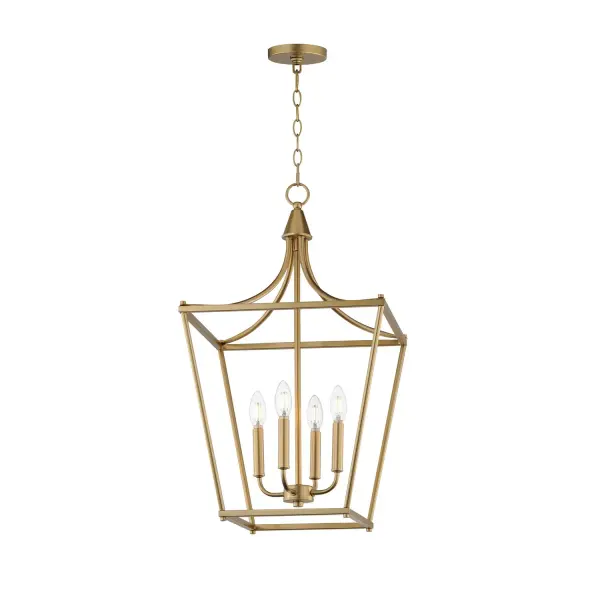 Collection: Clifton Finish: Natural Aged Brass Width: 16.00" Height: 28.00" Length: 16.00" Weight: 6.71 lb Chain: 36" Wire: 120" Canopy: 5"x5"x0.75" Number of Bulbs: 4 Maximum Wattage: 60.00 W Bulb Base: E12 Candelabra Light Source: Incandescent Voltage: 120.00 V Material: Steel Safety Listing: cETLus Manufacturer Warranty: 3 Spec Sheet