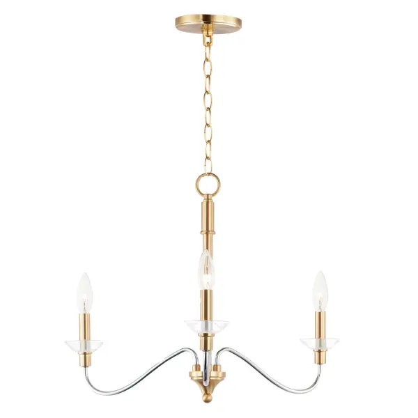 Combination of contemporary Polished Chrome and a softer Satin Brass revitalizes a classic form. Glass bobeches complete the look creating an airy and simple chandelier group. Get that casual luxe look with minimalistic, transitional forms.