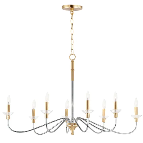 Combination of contemporary Polished Chrome and a softer Satin Brass revitalizes a classic form. Glass bobeches complete the look creating an airy and simple chandelier group. Get that casual luxe look with minimalistic, transitional forms.