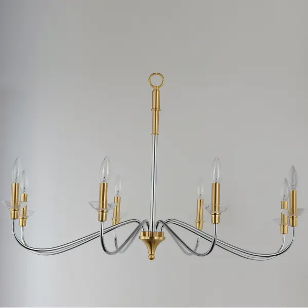 Combination of contemporary Polished Chrome and a softer Satin Brass revitalizes a classic form. Glass bobeches complete the look creating an airy and simple chandelier group. Get that casual luxe look with minimalistic, transitional forms. - alternate view