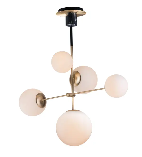 Inspired by both Mid Century Modern and Scandinavian Contemporary this collection spans a large breadth of today's interior design. Straight tubing finished in Satin Brass supports hand blown Satin White cased glass globes. Black accents of metal and Black marble add dramatic detail and upscale appeal.