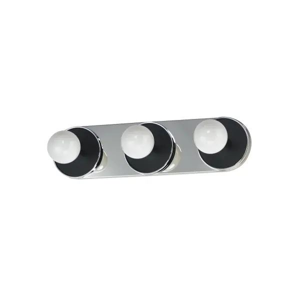 Get ready for your closeup. This collection of streamlined vanity lights are available in glamorous two tone finishes. Select from Polished Chrome with reversible Black and White plates or Natural Aged Brass with Matte Black or Spanish Alabaster plates. Globes of LED G25 lamps are available with the fixture. Collection: Hollywood Finish: Black / Polished Chrome Glass: White Width: 20.00" Height: 5.00" Weight: 2.60 lb Extension from Wall: 2.50" Wire: 8" Canopy: 5"x20" Number of Bulbs: 3 Maximum Wattage: 60.00 W Bulb Type: G25 Bulb Base: E26 Medium Light Source: Incandescent Dimmable Voltage: 120.00 V Material: Steel, Aluminum, Ceramics Safety Listing: cETLus Safety Rating: Damp ADA Manufacturer Warranty: 2 Spec Sheet Instructions