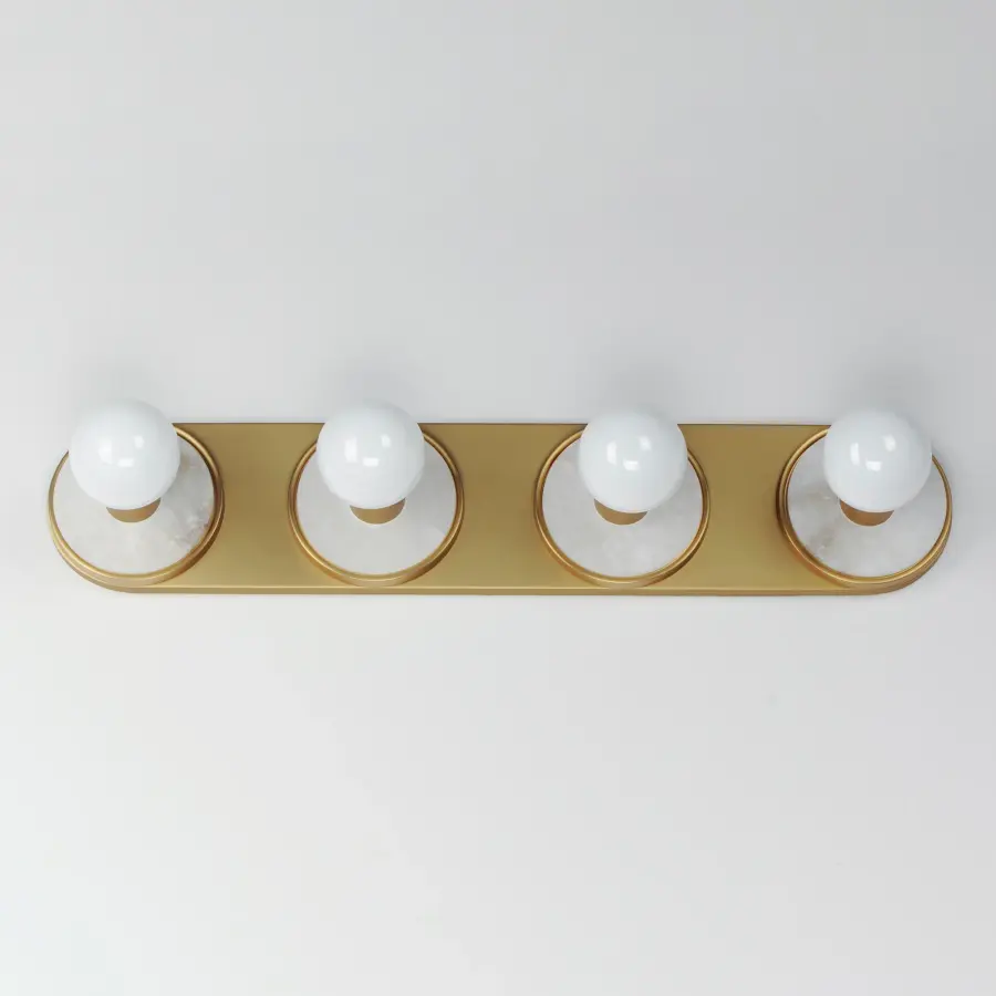 Hollywood Four Light Vanity Sconce in White Alabaster and Natural Aged Brass - Image 3